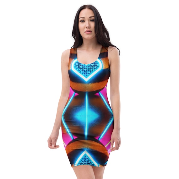 Bodycon Rave Dress - Neon Techwear Mini for Festivals | Futuristic Heart Print EDM Outfit | Y2K