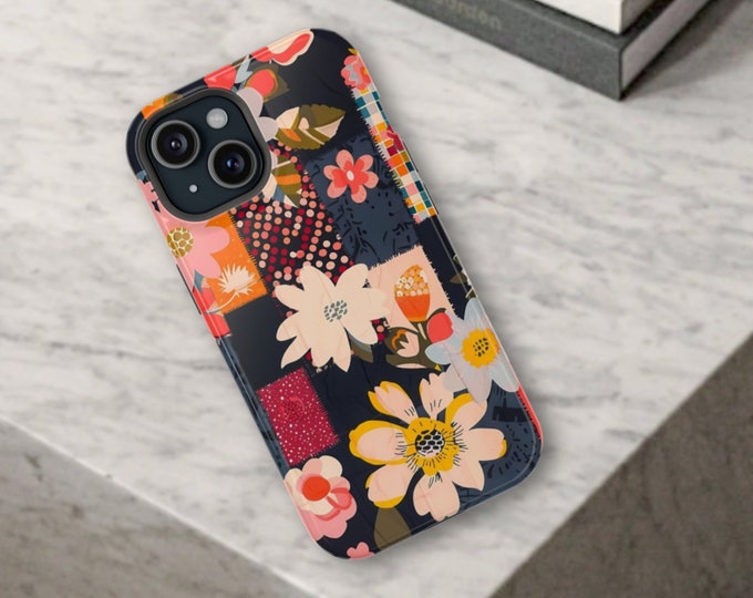 Patchwork Floral iPhone MagSafe Tough Case for 13, 14, 15, Mini, Plus, Pro, Pro Max, Wireless Charge Compatible, Flower Print, Gift Idea