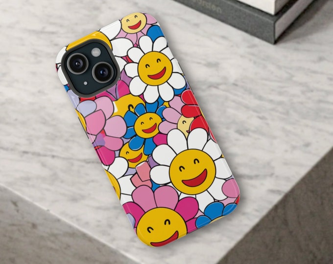 Smiley Face Daisies iPhone MagSafe Case, for 13, 14, 15, Mini, Pro, Pro Max, MagSafe Compatible, Happy Flower Print, Mothers Day Gift Idea