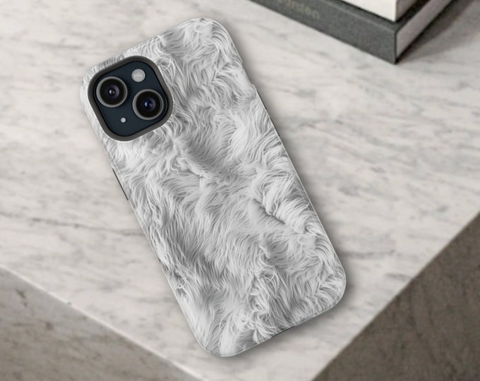 Fluffy White Fur Print iPhone MagSafe Tough Case for 13, 14, 15, Mini, Plus, Pro, Pro Max, ProMax, Furry Style Pattern, Dope, Gift for