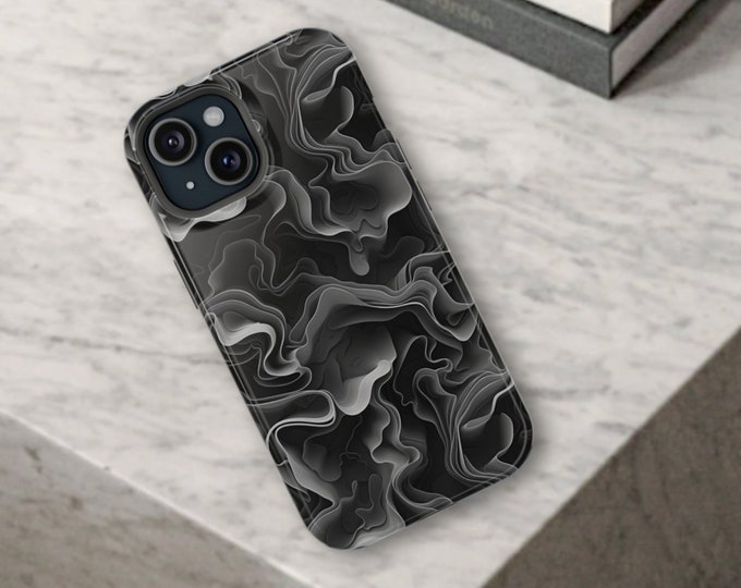 Abstract Swirl iPhone MagSafe Tough Case for 13, 14, 15, Mini, Plus, Pro, Pro Max, ProMax, Geography, Black, Gray, 3D, Gift for, Topograph