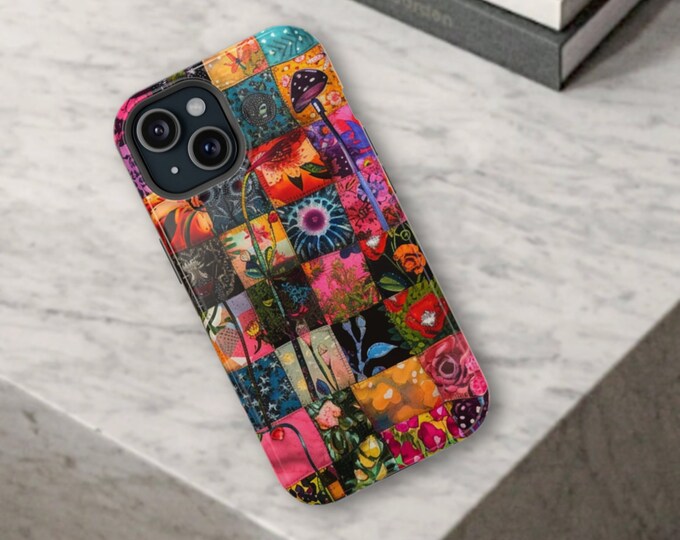 Colorful Boho Patchwork iPhone MagSafe Tough Case for 13, 14, 15, Mini, Plus, Pro, Pro Max, ProMax, Floral, Flower Gift For, Checkered