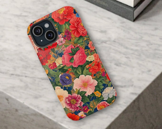 Victorian Floral MagSafe iPhone Case, for 13, 14, 15, Mini, Plus, Pro, Pro Max, Iris, Tulip, Red, Pink, Blue, Flower Print, Mothers Day Gift