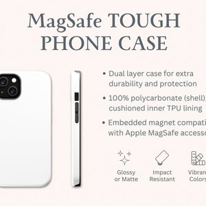 Dual layer case for extra durability and protection. 100% polycarbonate plastic black cushioned TPU inner lining. Embedded magnet compatible with Apple Magsafe accessories. Glossy or Matte. Impact resistant. Vibrant colors.