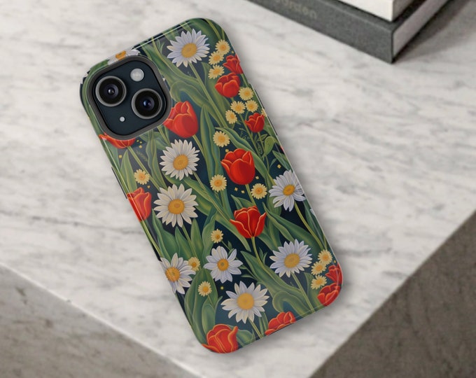 Floral MagSafe iPhone Case, for 13, 14, 15, Mini, Plus, Pro, Pro Max, ProMax, Wireless Charge Compatible, Flower Print, Gift idea, Tulips