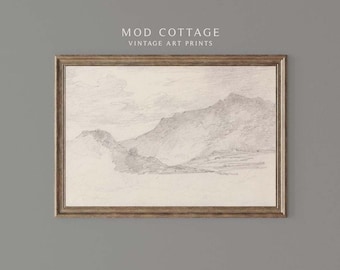Vintage Mountain Sketch Art Print: Neutral Landscape (Downloadable)