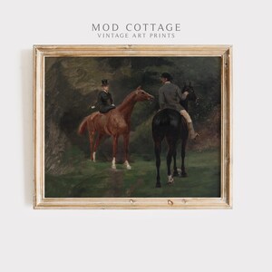 Horse riding couple on a brown and black horse are shown in a moody oil painting.