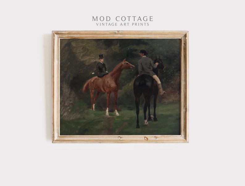 Horse riding couple on a brown and black horse are shown in a moody oil painting.