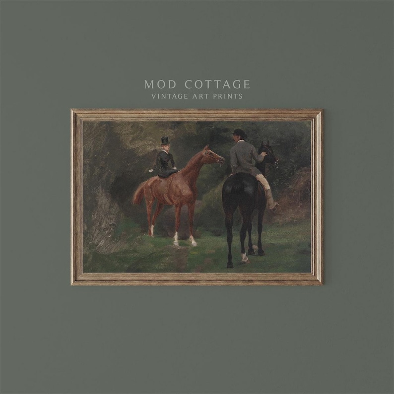 Horse riding couple on a brown and black horse are shown in a moody oil painting.