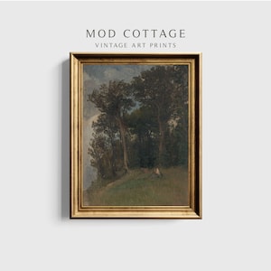 May include: A framed vintage landscape painting depicting a forest scene with trees and a figure in the distance. The painting is in a gold frame.