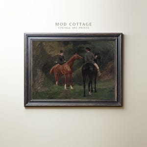 Horse riding couple on a brown and black horse are shown in a moody oil painting.