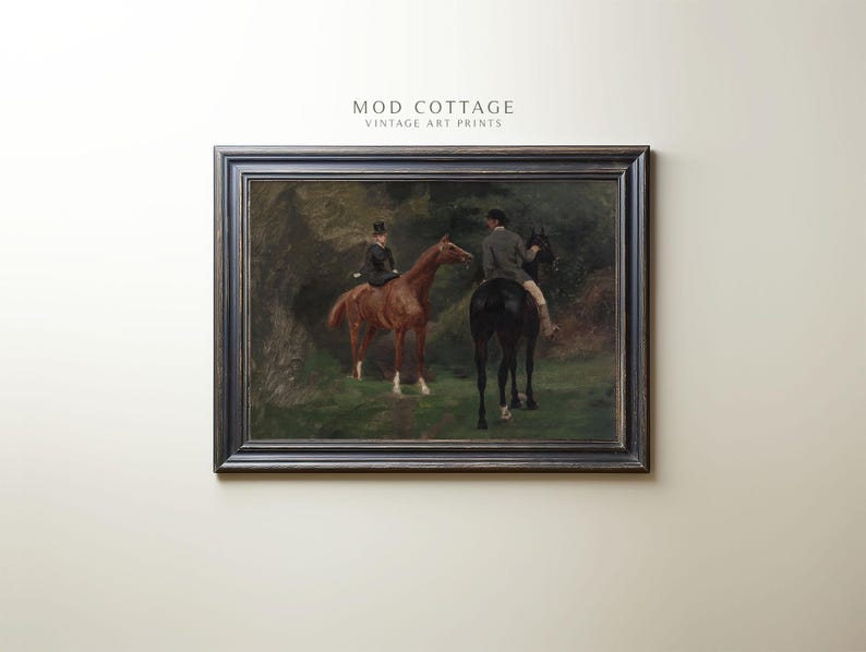 Horse riding couple on a brown and black horse are shown in a moody oil painting.
