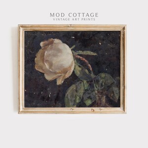 A moody floral painting of a white rose on a black background that goes with e a cottagecore or dark botanical and dark academia aethetic.