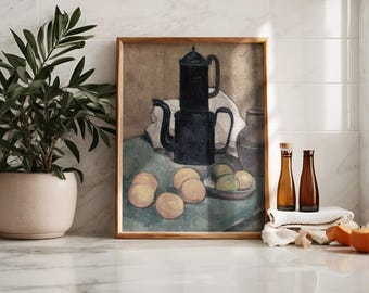 Vintage koffie en sinaasappels kunstprint: gedempte keukendecoratie (digitale download)