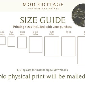 Op de afbeelding: Een maattabel voor vintage kunstafdrukken van Mod Cottage. De gids toont de beschikbare afdrukformaten in inches: 5x7, 8x10, 9x12, 11x14, 16x20, 18x24, ISO A2 en 24x36. De afbeelding vermeldt ook dat aanbiedingen voor directe digitale downloads zijn.