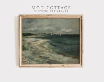 Impresión artística de pintura al óleo de paisaje marino antiguo: Vista costera melancólica (descargable)