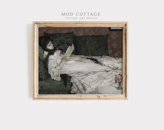 Stampa artistica di donna che legge / Ritratto di donna vittoriana / Arte per amanti dei libri / Arte murale stampabile / Download digitale