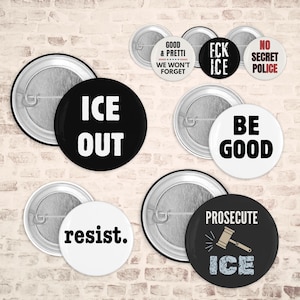 Juego de botones anti-ICE, 3 tamaños disponibles: pequeño, mediano y grande. Pines de protesta: ¡Fuera ICE definitivamente!, ¡Abolir ICE!, ¡Sé bueno!, botones de justicia migratoria.