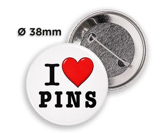 I LOVE PINS - Button Pin Badge - 38mm | 1.5 inch Pinback Buttons | Button Pins | I Heart Pins | Gift, Anniversary, Birthday, Valentine's Day