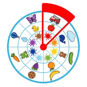 以下が含まれることがあります： オブジェクトと色の見本が描かれた、カラフルな教育用ホイール。赤い針は赤い消防車とリンゴを指しています。その他のイラストには、蝶、アヒル、熱気球などがあります。