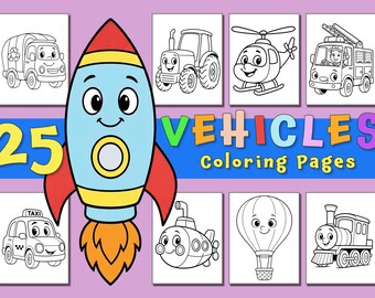 Vehicles Coloring Pages – 25 Printable Transportation Sheets for Kids, Cars Planes Trucks Rockets, Preschool Activity Book, Download PDF