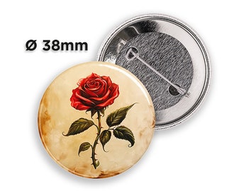 RED ROSE FLOWER - Button Pin Badge - 38mm | 1.5 inch Pinback Buttons | Button Pins | Gift, Anniversary, Wedding, Valentine's Day, Mother Day