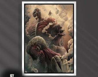 May include: A framed print featuring a dramatic scene with three colossal, muscular figures emerging from swirling clouds. A small figure stands atop one of the giants. The artwork is rendered in shades of red, brown, and gray, with a white border.
