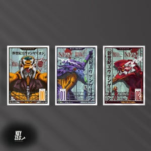 Poster di Neon Genesis Evangelion, set di 3 poster da 3 pezzi, Eva 00, 01, 02, stampa manga vintage anni '90, decorazione per la stanza, stampa minimalista