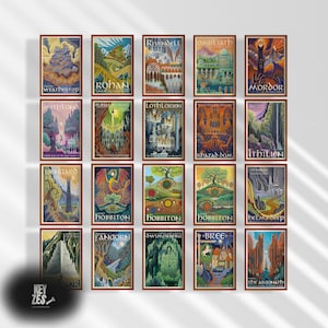 Cartaz de viagem Terra Média LOTR Art, Senhor dos Anéis Conjunto de 20 pôsteres Argonant Rivendell Hobitton Gondor Fangorn, Senhor dos Anéis Decoração de casa