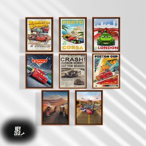 May include: Collection of framed art prints featuring scenes and characters from the animated movie "Cars." The prints showcase various racing scenes, cityscapes, and vintage-style posters with text like "Radiator Springs," "Porto," and "Piston Cup."