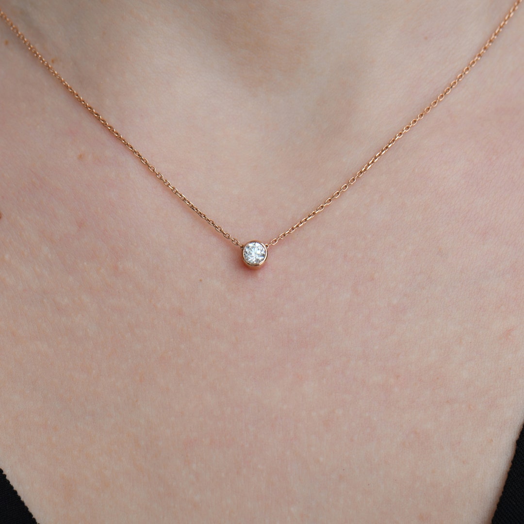 14k Gold Solitaire Diamond Necklace, - Etsy