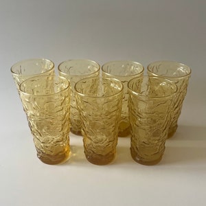 Vintage 1970’s Anchor Hocking Crinkle Lido Glass Amber Honey Gold Beverage Set of 7