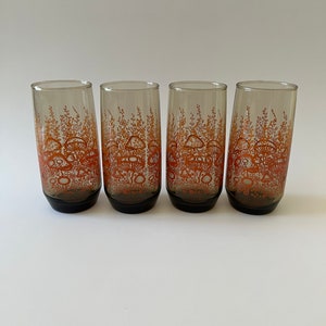 Vintage Anchor Hocking Mushroom Garden Tumbler Smoked Glasses Orange Set of 4