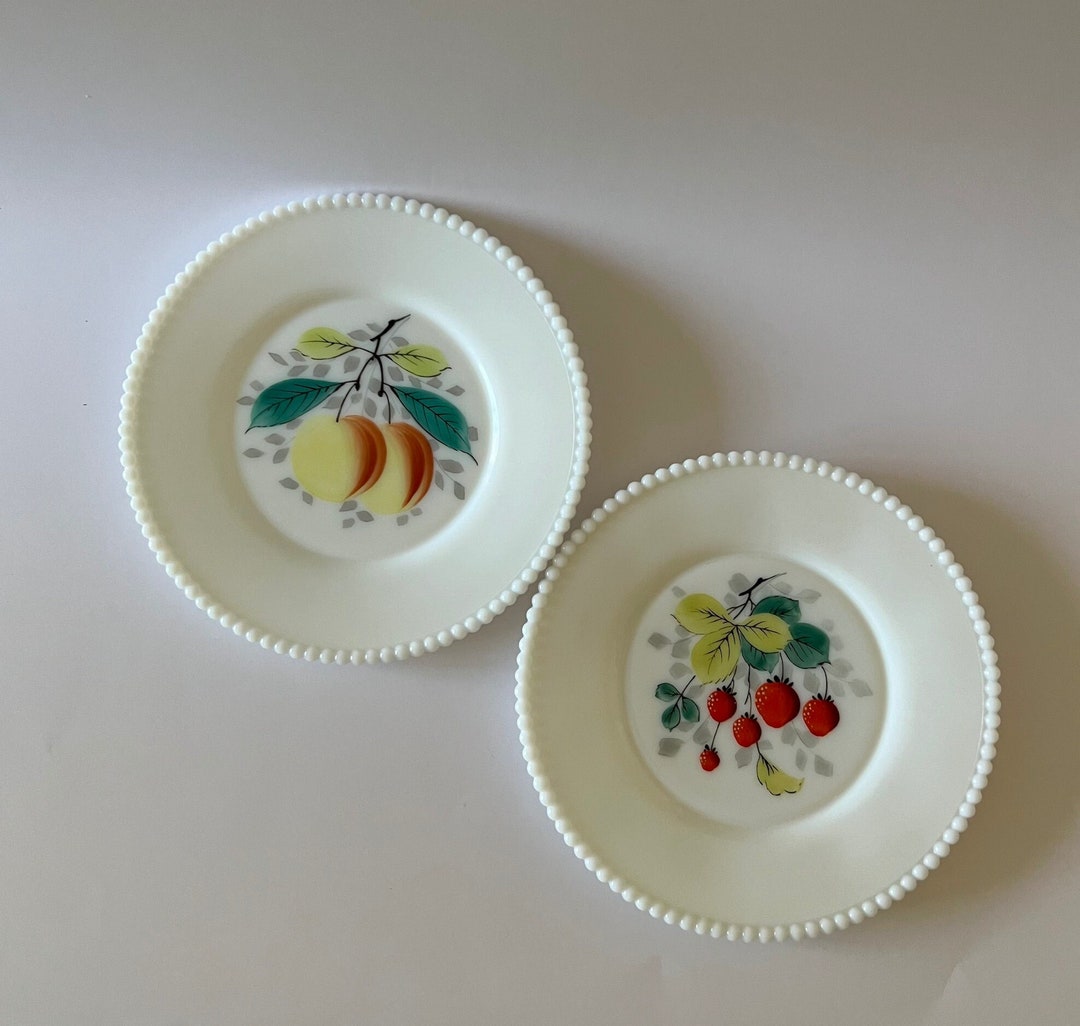 Vintage Pair of Westmoreland Hand Painted Plates Beaded Edge White Milk ...