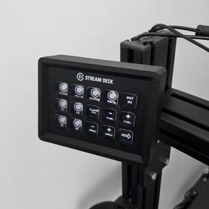 May include: A black Stream Deck with a grid of 15 buttons, each with a white label. The labels include "Clear All", "Slicks", "Wets", "Pit In", "Fuel", "MGU", and more.