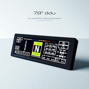 May include: A black 7.8-inch DDU (display data unit) with a screen displaying racing data. The screen shows lap times, tire temperatures, and other metrics. The text "no content racing division" is above the screen.