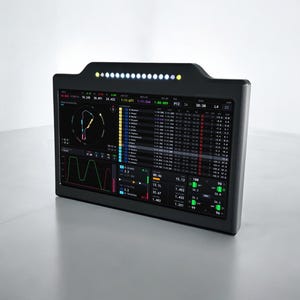 Könnte beinhalten: Ein schwarzes digitales Anzeigegerät mit einer gebogenen Oberkante. Der Bildschirm zeigt verschiedene Datenvisualisierungen, darunter Diagramme, Grafiken und numerische Daten. Eine Reihe kleiner Lichter sind oben ausgerichtet. Das Gerät ist für die Datenanalyse und -anzeige konzipiert.