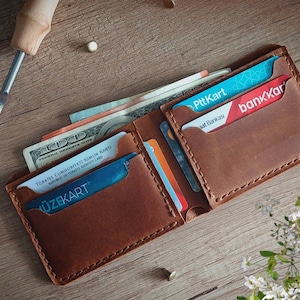 Cartera de cuero personalizada, cartera para hombre, cartera de doble pliegue, regalo de aniversario, cartera marrón, regalo para padres,