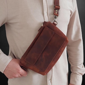 Men&#39;s leather crossbody bag, Adjustable shoulder bag for men, Handmade leather waist bag, unisex bag, brown leather men&#39;s bag, Men&#39;s bag