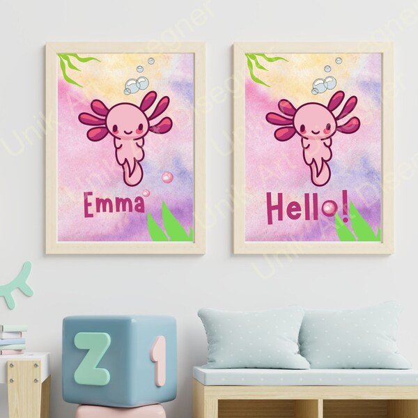 Pink axolotl on a mauve and pink background. With greetings Hello! or with the name EMMA. Customizable sheet. Beautiful children's print. #154