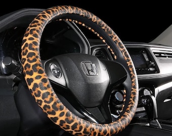 Leopard Print Steering Wheel Cover Universal Leather Anti Slip Car Interior Accessory Decor
