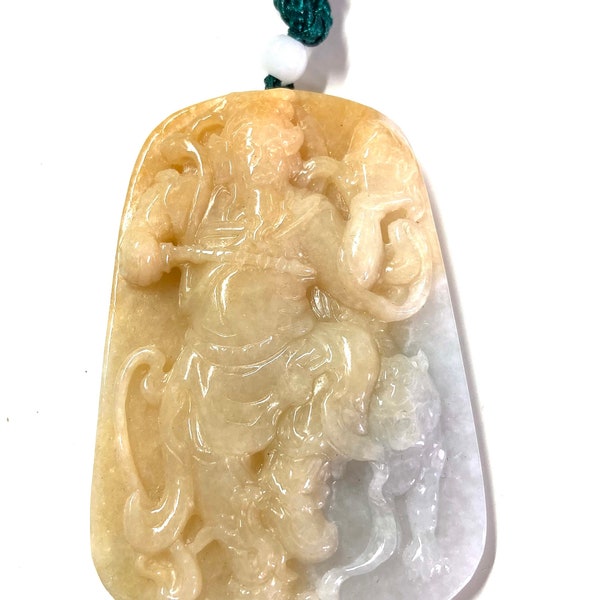 Certified Grade A+++ natural Burma jade jadeite Yellow White gems stone Chinese religion buddha kwan gung pendant necklace free string 60013