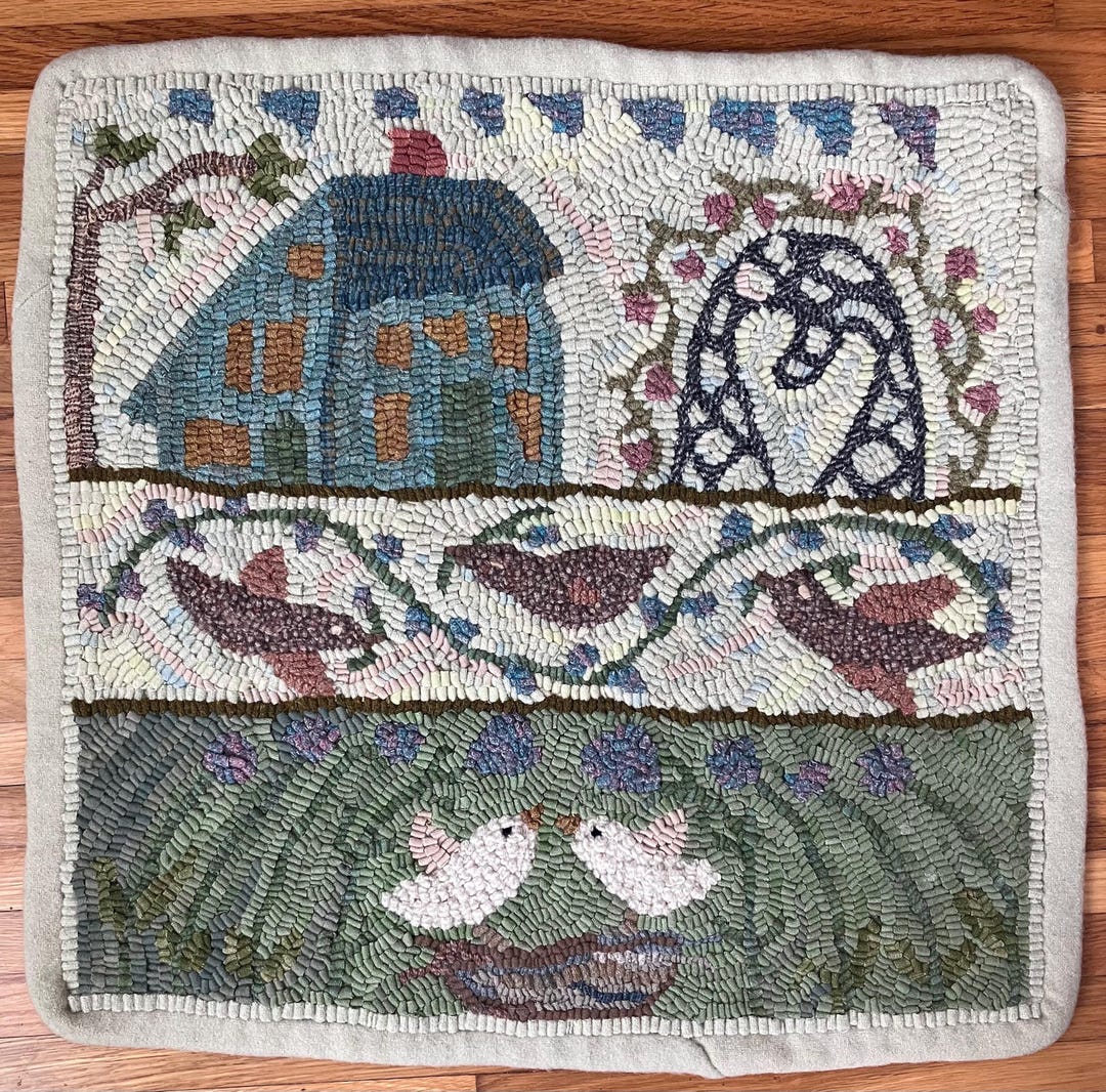 Completed Hooked Rug - House, Roses on a Trellis, and Birds 2 Ft. X 2 ...