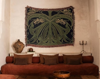 Art Nouveau Woven Blanket, Botanical Floral Throw, Jacquardia Cotton Tapestry, Vintage Print, Nature Inspired Home Decor, Unique Wall Art