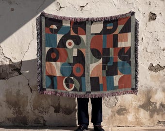 Bauhaus Style Geometric Tapestry, Mid-Century Modern Woven Throw, Abstract Art Blanket, Bauhaus Inspired Lap Blanket, Stylish Picnic Blanket
