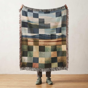 Patchwork Landscape Woven Blanket | Modern Farmhouse & Cabin Decor | Abstract Nature Tapestry Throw, Earth Tone Art