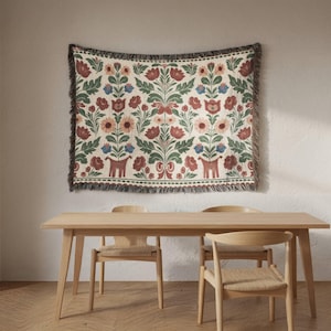 Swedish Folk Art Blanket, Woven Cottagecore Decor Throw, Scandinavian Floral Tapestry, Nursery Gift Animal Figures & Floral Motifs, image 4