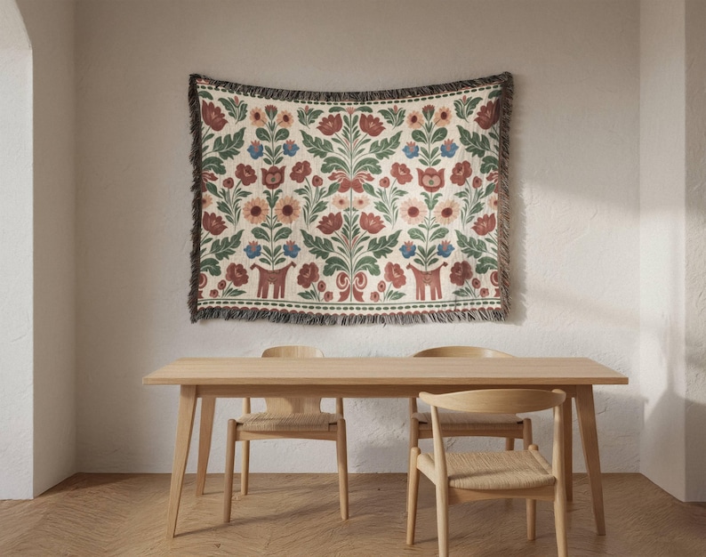 Swedish Folk Art Blanket, Woven Cottagecore Decor Throw, Scandinavian Floral Tapestry, Nursery Gift Animal Figures & Floral Motifs, image 4