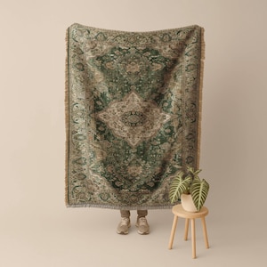 Persian Rug Tapestry, Dark Academia Decor, Sage Green Woven Throw, Vintage Oriental Tapestry for Wall, Grandmillennial Medallion Blanket