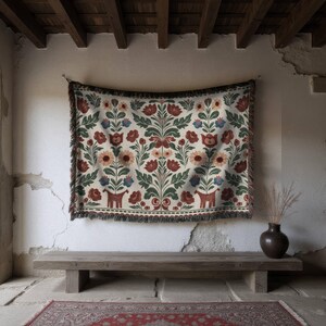 Swedish Folk Art Blanket, Woven Cottagecore Decor Throw, Scandinavian Floral Tapestry, Nursery Gift Animal Figures & Floral Motifs, image 6